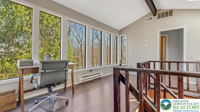 sunroom / solarium featuring visible vents, a baseboard heating unit, a wealth of natural light, and vaulted ceiling with beams