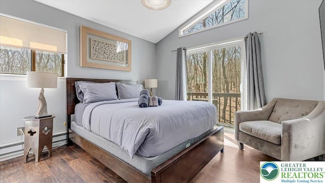 bedroom featuring access to exterior, lofted ceiling, and dark wood-type flooring