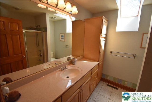 full bathroom featuring an enclosed shower, tile patterned floors, toilet, and visible vents