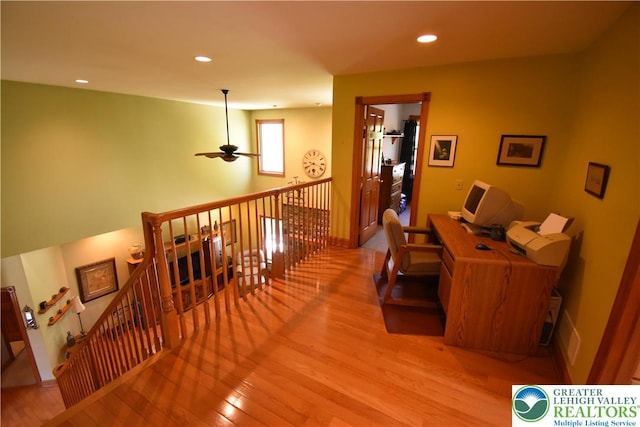 office area featuring recessed lighting, a ceiling fan, and wood finished floors