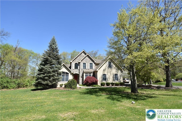 view of front of property with a front lawn and stone siding