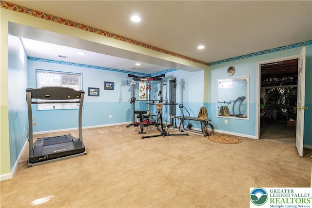 exercise room with visible vents, carpet flooring, baseboards, and recessed lighting