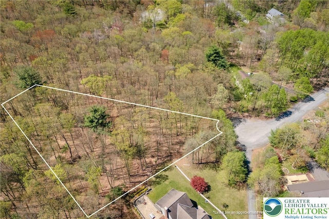 drone / aerial view featuring a view of trees