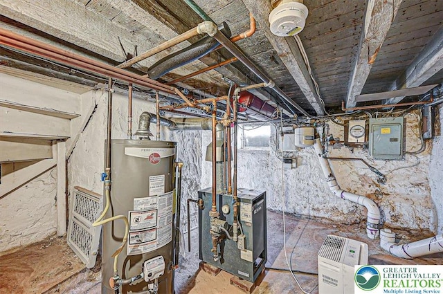 utilities featuring water heater, electric panel, and a heating unit