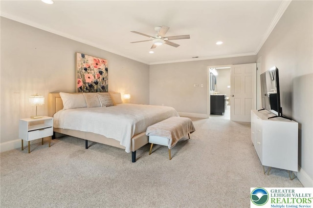 bedroom with baseboards, ornamental molding, recessed lighting, and light colored carpet