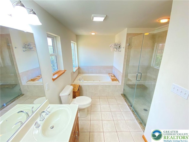 178 Stoney Ledge Dr, Jackson Twp, PA 18360 - bathroom with tile patterned flooring, vanity, toilet, a bath, and a shower stall