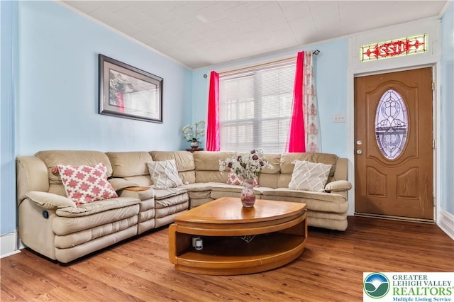 living area featuring light wood-style floors and crown molding