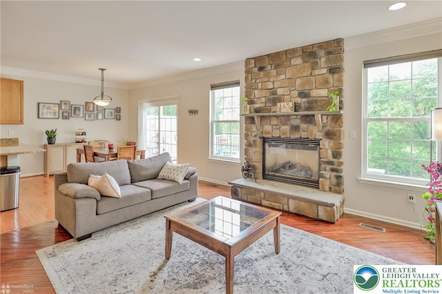 living area featuring crown molding, a wealth of natural light, and wood finished floors