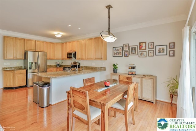 kitchen with a peninsula, appliances with stainless steel finishes, and light brown cabinetry