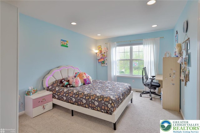 carpeted bedroom with baseboards and recessed lighting