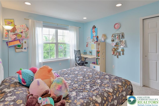 bedroom with carpet, baseboards, and recessed lighting