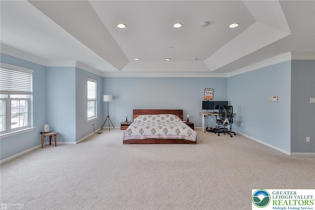 carpeted bedroom featuring crown molding, baseboards, and recessed lighting