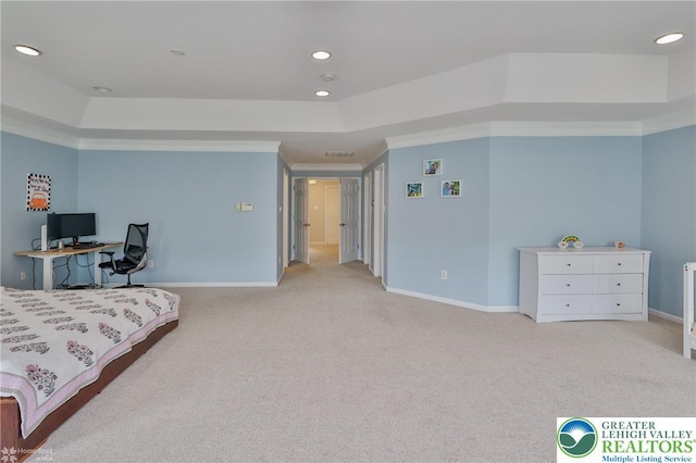 bedroom with baseboards, light carpet, a tray ceiling, and recessed lighting