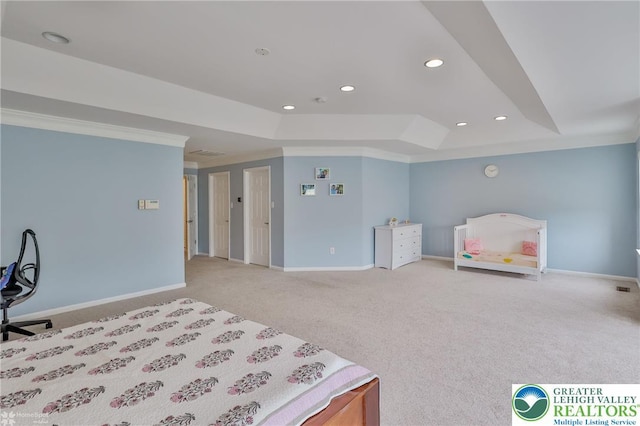 bedroom featuring light colored carpet, baseboards, and recessed lighting