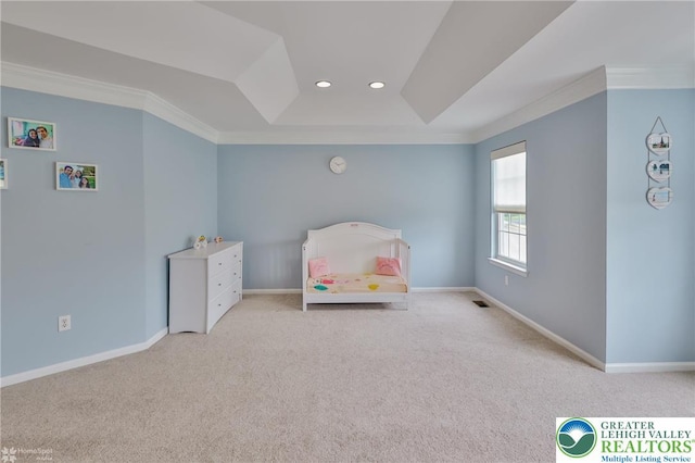 carpeted bedroom featuring baseboards, ornamental molding, visible vents, and recessed lighting