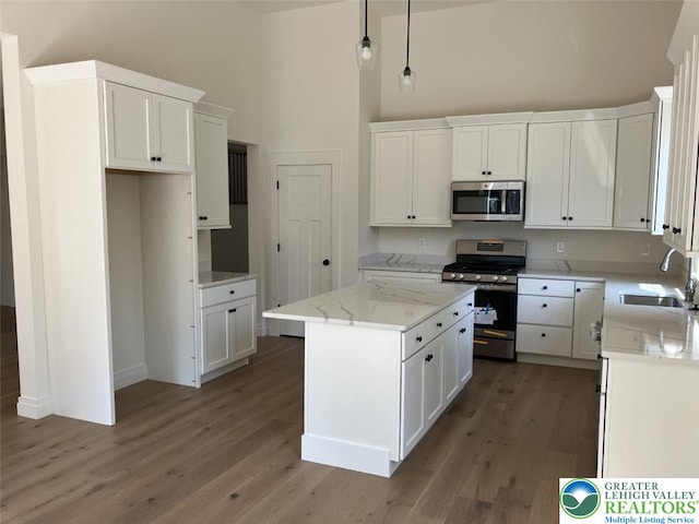 kitchen featuring wood finished floors, a kitchen island, high vaulted ceiling, a sink, and stainless steel appliances