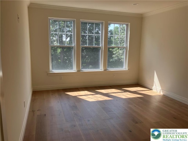 spare room with baseboards, ornamental molding, and hardwood / wood-style floors