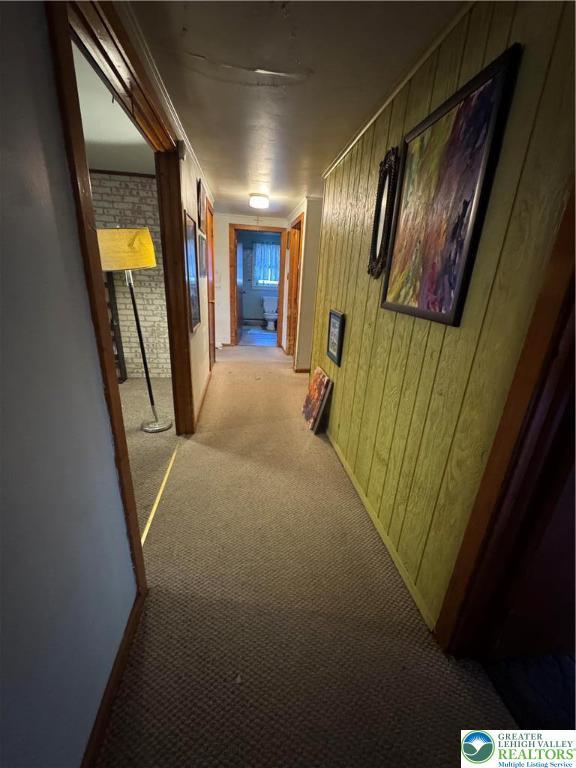 hallway featuring wooden walls and light carpet