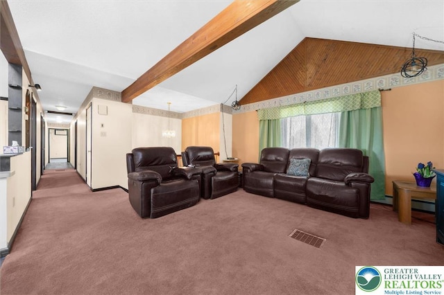 living room with vaulted ceiling with beams, carpet, a notable chandelier, and visible vents