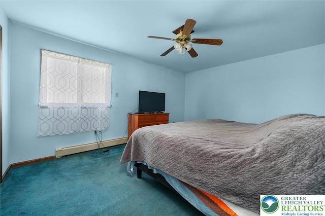 bedroom with carpet, baseboards, baseboard heating, and a ceiling fan