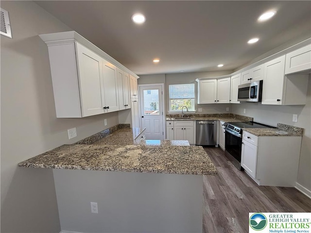 kitchen with dark wood-style flooring, a peninsula, stone countertops, a sink, and appliances with stainless steel finishes