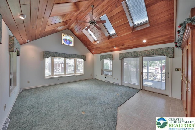 interior space featuring wood ceiling, ceiling fan, a wealth of natural light, and a skylight