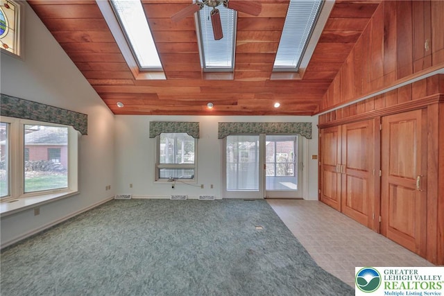 interior space featuring visible vents, a ceiling fan, a skylight, and wooden ceiling