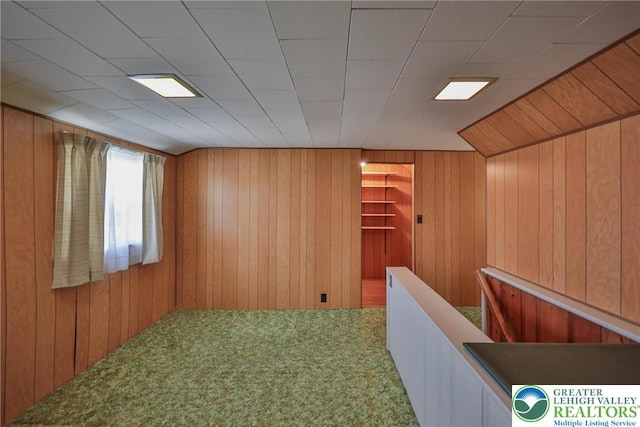 interior space with carpet, wood walls, and an upstairs landing