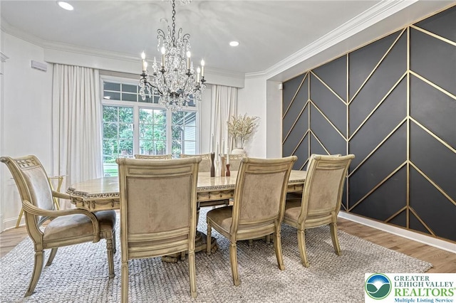 1231 Oakside Dr, Hanover Twp, PA 18017 - dining space with an inviting chandelier, ornamental molding, a decorative wall, wood finished floors, and recessed lighting
