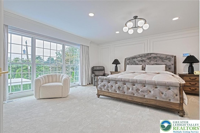 1231 Oakside Dr, Hanover Twp, PA 18017 - carpeted bedroom with crown molding, recessed lighting, visible vents, and a decorative wall