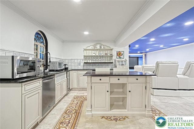 1231 Oakside Dr, Hanover Twp, PA 18017 - kitchen featuring dark countertops, stainless steel dishwasher, open shelves, and recessed lighting