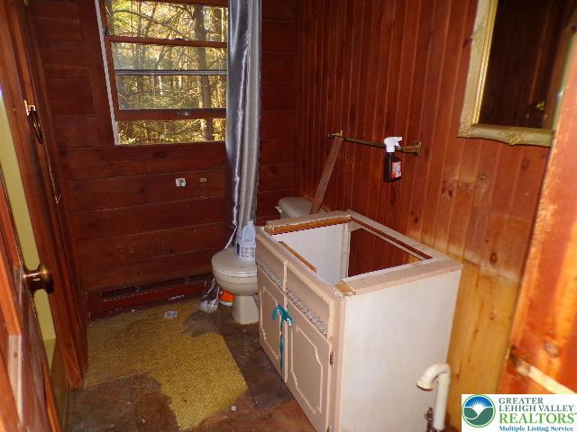 bathroom with wood walls and toilet