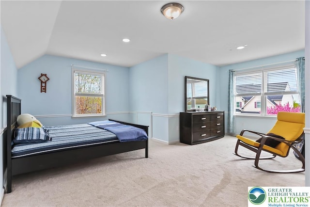 carpeted bedroom with recessed lighting, baseboards, and vaulted ceiling