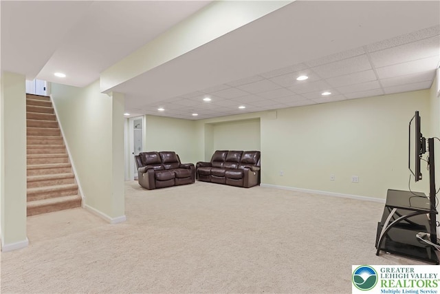 living area with stairway, carpet floors, baseboards, and recessed lighting