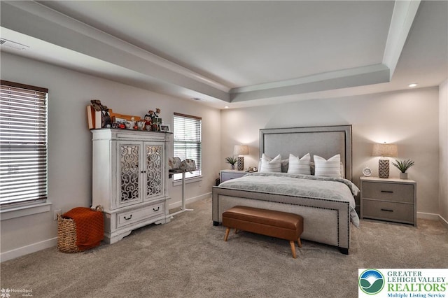 carpeted bedroom featuring a raised ceiling, baseboards, and visible vents