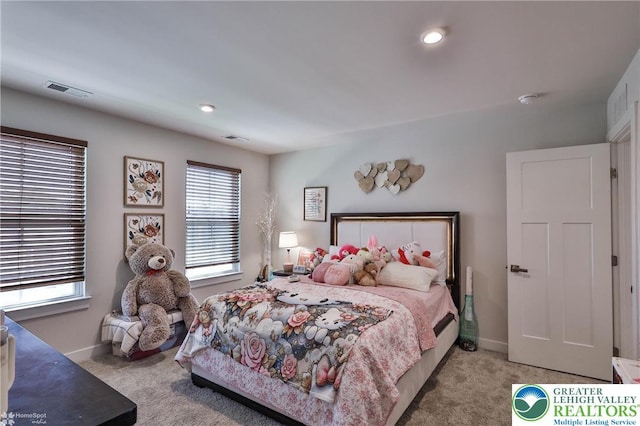 carpeted bedroom with baseboards, recessed lighting, and visible vents