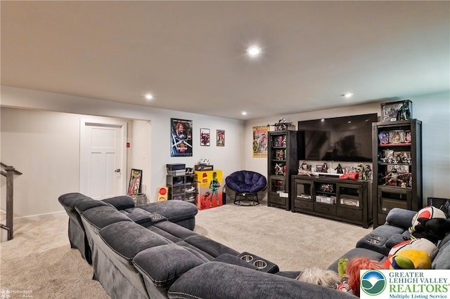 carpeted living room featuring recessed lighting