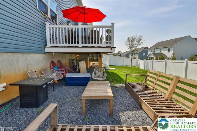 view of patio / terrace with a fenced backyard and a residential view