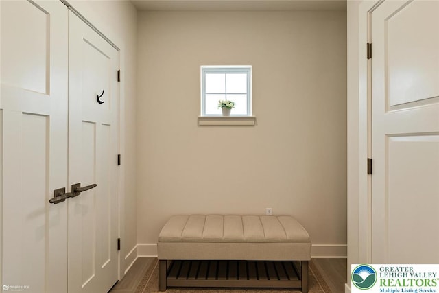 mudroom featuring baseboards and dark wood-type flooring