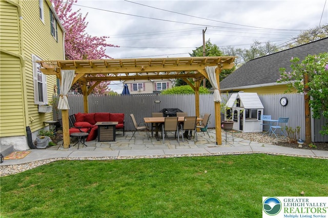 view of patio with a pergola, a fenced backyard, and an outdoor hangout area