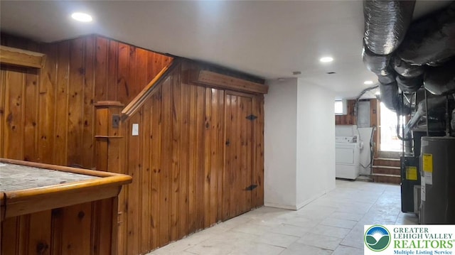 1541 W Tilghman St, Allentown City, PA 18102 - basement with wooden walls, washer and clothes dryer, recessed lighting, and electric water heater