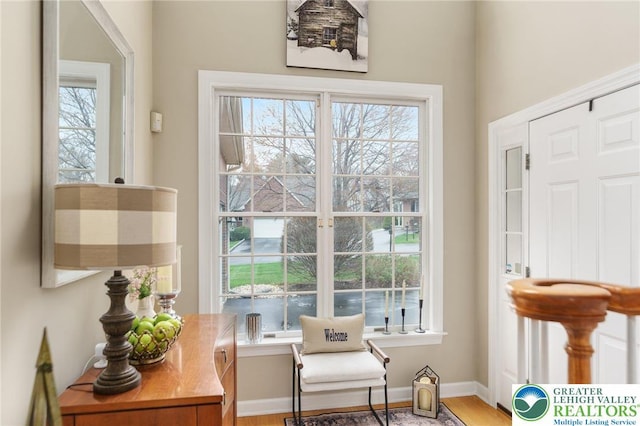 entryway with baseboards and wood finished floors