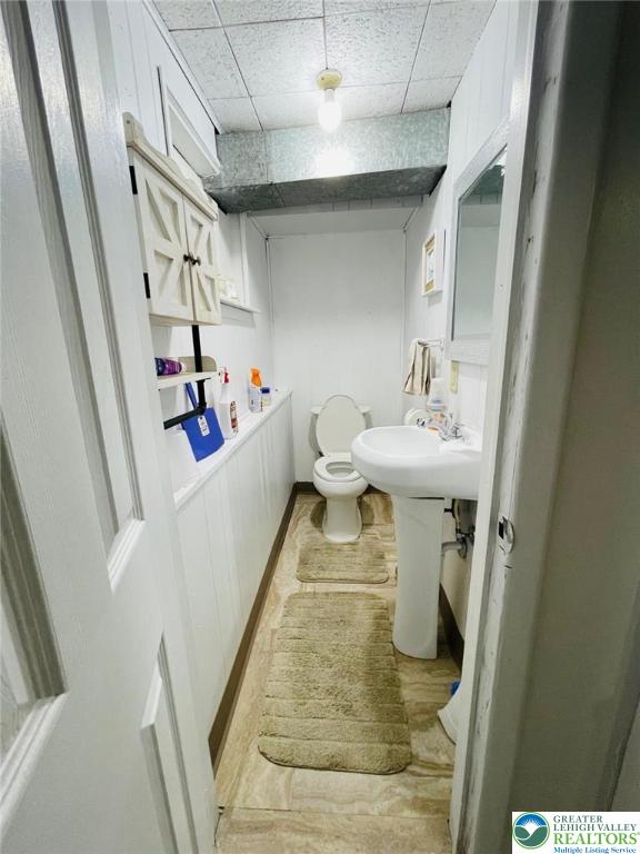 bathroom with toilet, a drop ceiling, and a sink