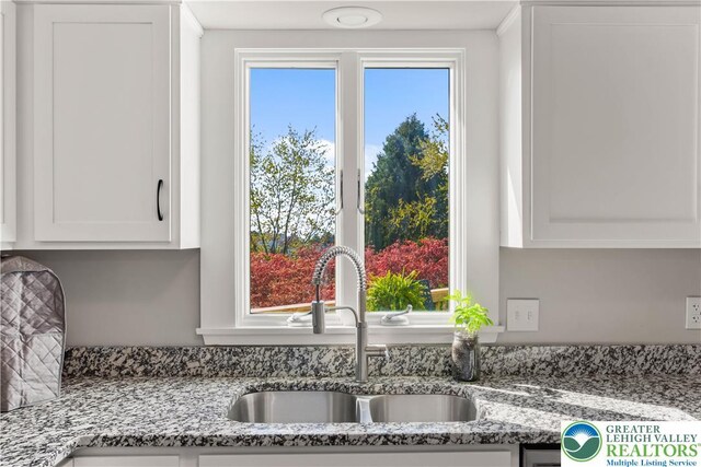 room details featuring light stone counters, a sink, and white cabinets