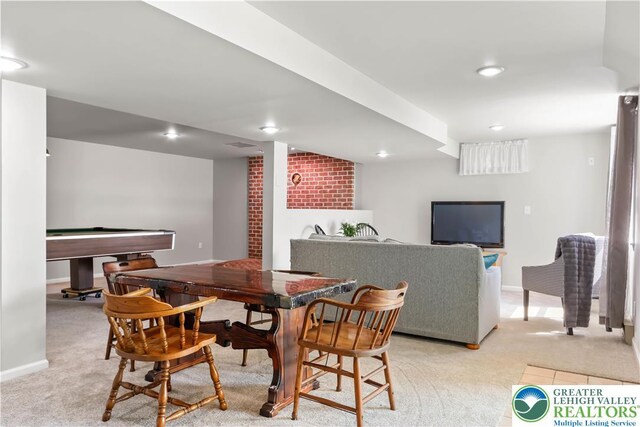 dining area with baseboards, billiards, recessed lighting, and light carpet
