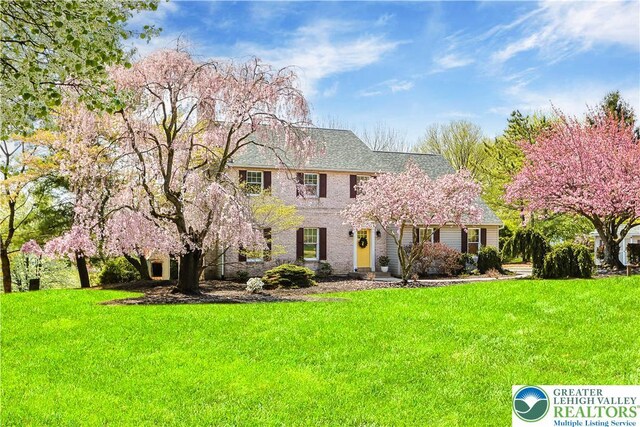 colonial-style house featuring a front yard