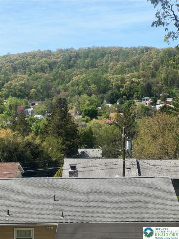 exterior details with roof with shingles and a wooded view
