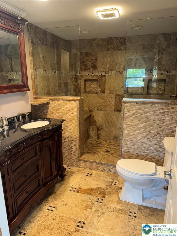 bathroom featuring vanity, a walk in shower, and toilet