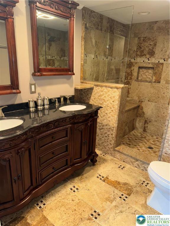 full bathroom featuring a sink, a walk in shower, toilet, and double vanity