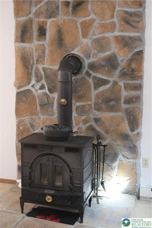 95 Piney Woods Dr, Penn Forest Township, PA 18229 - interior details with baseboards and a wood stove